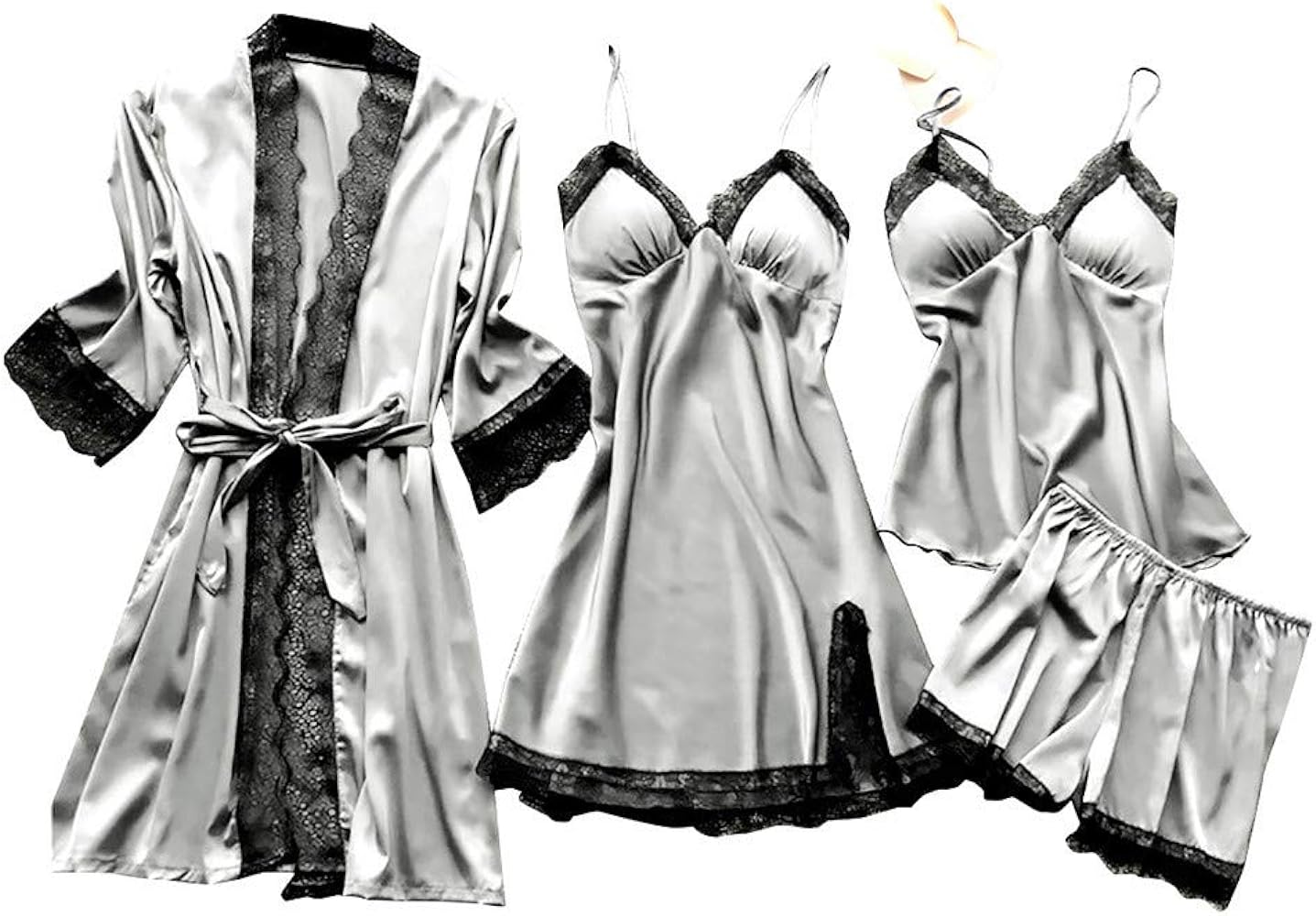 March Sale Big Spring Sale Womens 4PCS Silk Pajama Set Sexy Matching Satin Night Gowns Cute Lingerie Nighty Dress Silky Sleepwear Shorts S-5XL Lightning Deals of Today Prime Grey