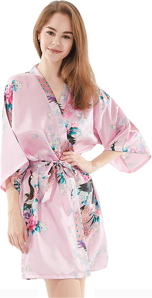 Andongnywell Women Satin Kimono Robes Sleepwear Dressing Gown Floral Bridesmaids Robe Satin Wedding Kimono Bridal Dress