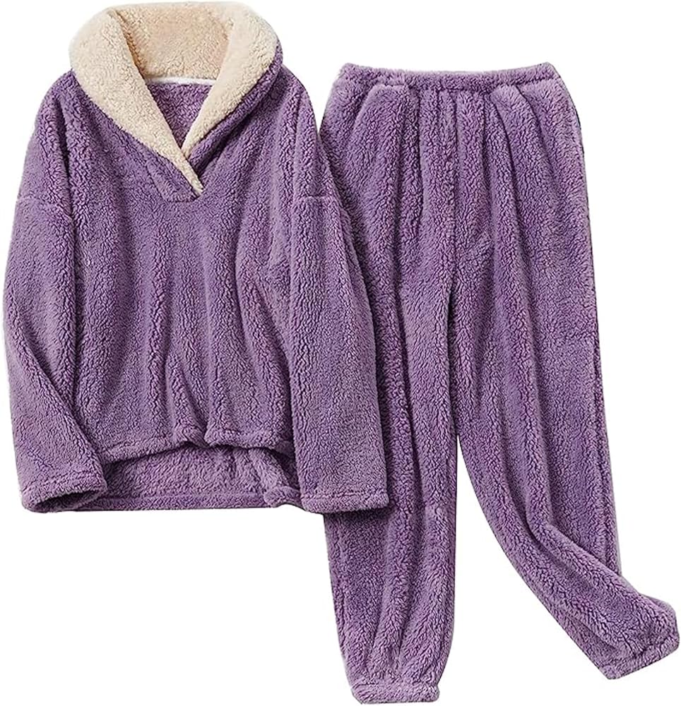 Kissonic Women's Fluffy Pajama Set Fleece Pullover Pants Fuzzy Lounge Set Cozy Winter Pj Sleepwear with Pockets