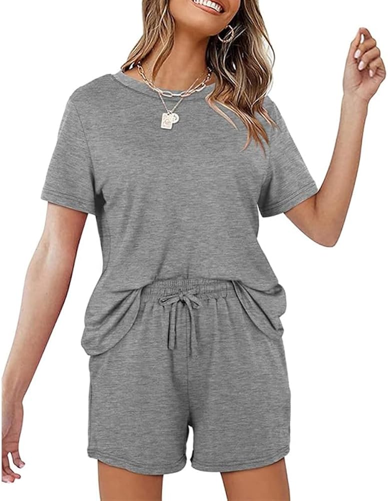 Womens Pajamas 2 Piece Sets Summer Sleepwear Loungewear Sweatsuits Outfits T-shirt Shorts Pjs with Pockets Comfy