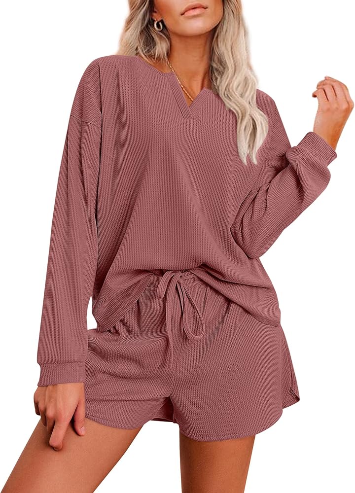 Ekouaer Lounge Sets for Women Waffle Knit Pajama Set Long Sleeve Top and Shorts Matching Loungewear S-XXL