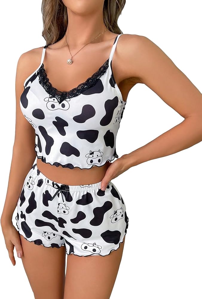 WDIRARA Women's 2 Piece Sleepwear Cow Print Strappy Lace Trim Sleeveless Cami Top and Shorts Pajamas Set