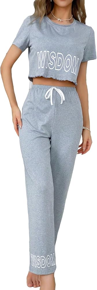 SOLY HUX Women's Summer PJ Set Letter Graphic Crop Tops and Pants 2 Piece Pajama Lounge Set