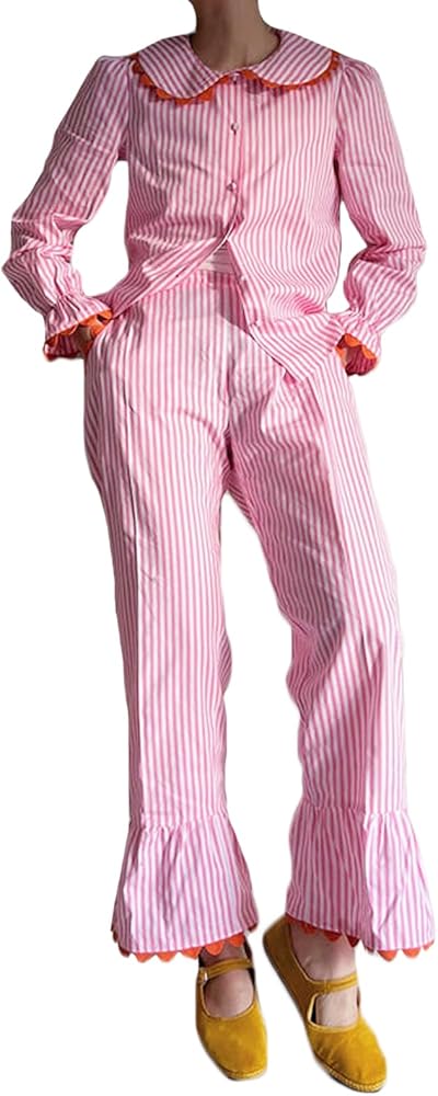 SOLILOQUY Women Gingham Pajama Set Long Sleeve Tie-up Bow Shirt Top Plaid Lounge Pants 2 Pieces Sleepwear