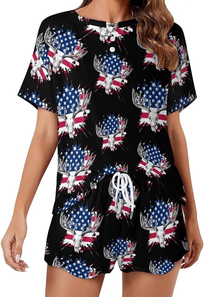 Deer Hunting USA American Flag Classic Women's Pajamas Loungewear Set Loose Short Sleeve Sleepwear With Pockets