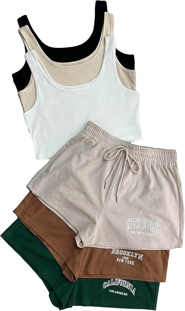 SHENHE Women's 3 Sets Tank Top and Drawstring Graphic Shorts Summer Pajamas Lounge Set