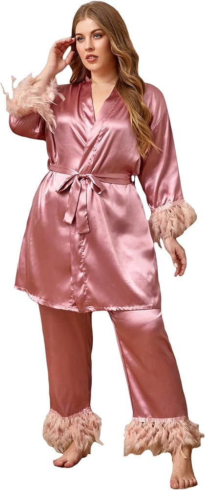 WDIRARA Women's Plus Satin Belted Robe and Pants Pajamas Lounge Set Feather Trim Sleepwear