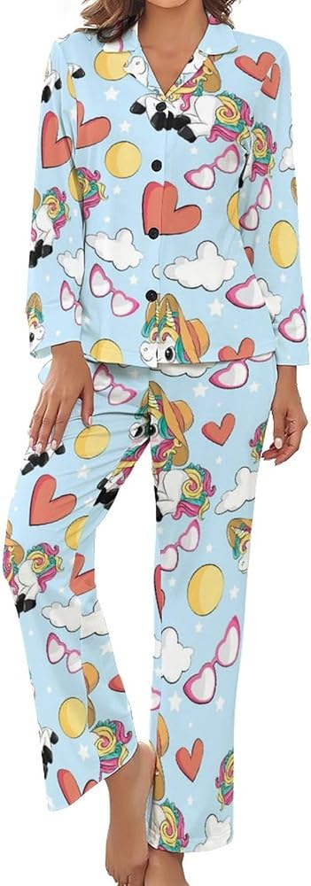 Little Princess Unicorn with Summer Print Pajamas Set for Women Soft Long Sleeve Button Down Shirt And Pants Sleepwear S-XL