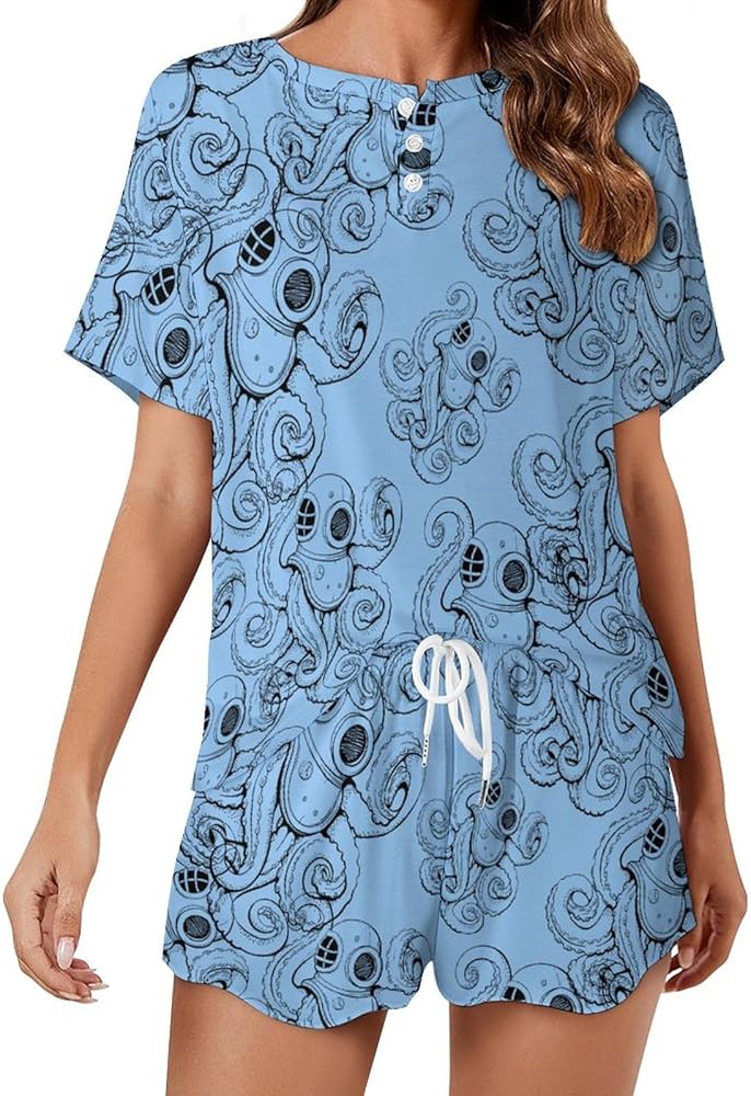 Octopus Diver Women's 2 Piece Pajamas Short Sleeve Shorts Sleepwear Set Causal Loungewear Home Suit 4XL