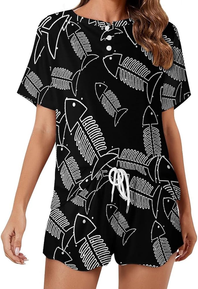 Fish Skeleton Bone Women's 2 Piece Pajamas Short Sleeve Shorts Sleepwear Set Causal Loungewear Home Suit 4XL