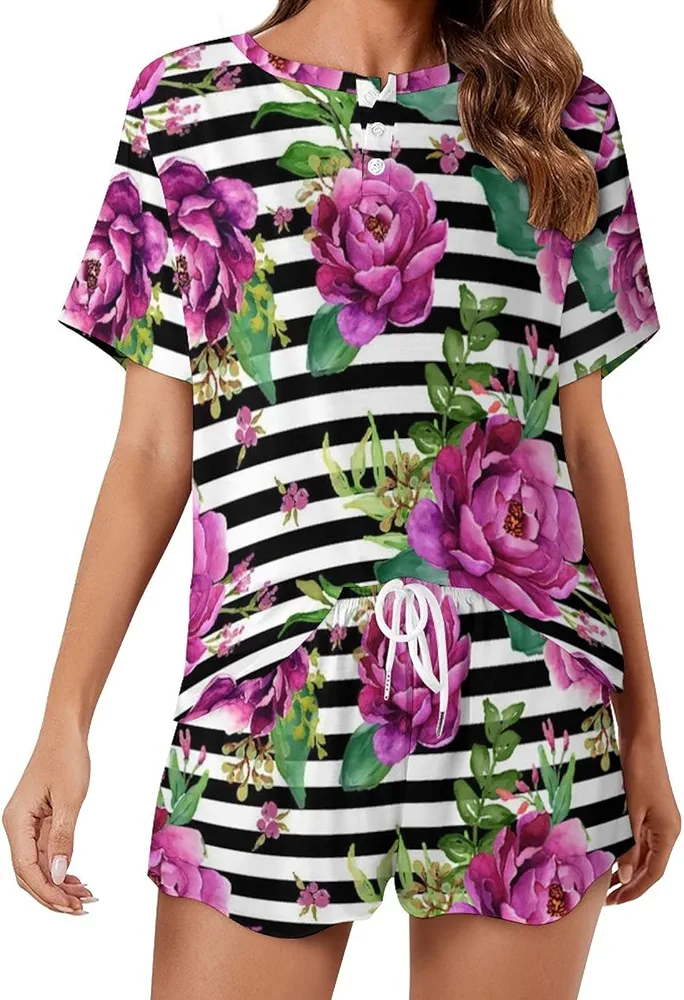 Pink Flowers - Black and White Stripes Women’s Pajama Sets Short Sleeve Shirt and Shorts 2 Pieces Loungewear Sleepwear PJ M