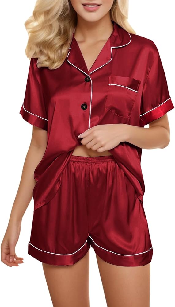 Pajama Sets for Women 2 Piece Button Up Pajama Set for Women Shorts Short Sleeve Knit Sleepwear 2 Pice Pjs Sets