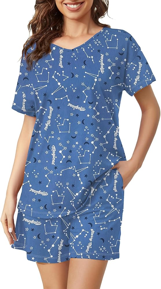 ENJOYNIGHT Women's Pajama Set Short Sleeve Shirt and Shorts Sleepwear V Neck Pjs with Pockets