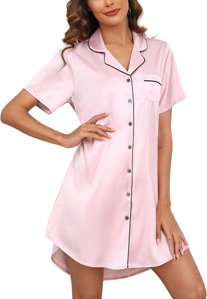 Samring Women's Satin Nightshirt Short Sleeve Button Down Sleepshirt Silk Pajamas Nightgown for Women