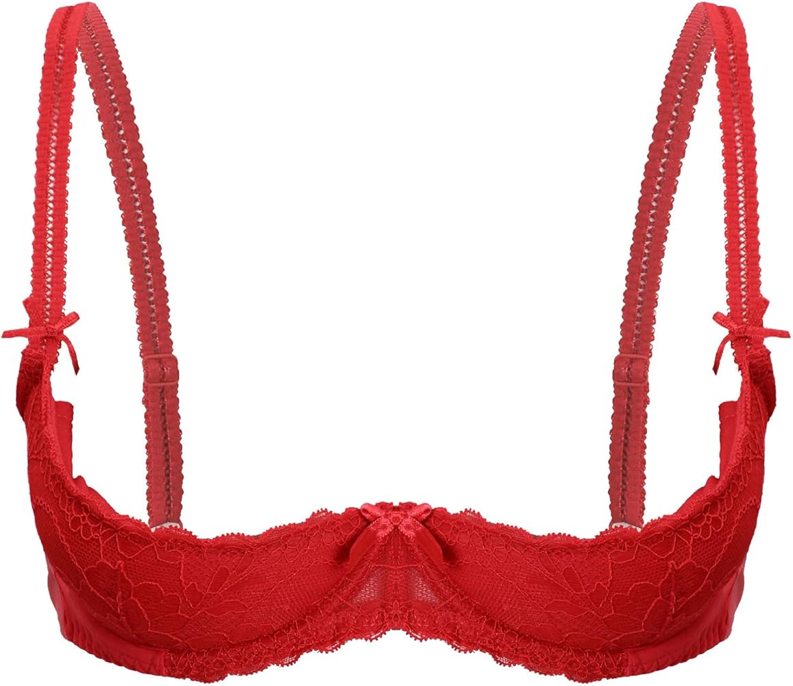 Women See Through Lace 1/4 Cups Balconette Bralette Padded Underwire Shelf Bra Tops