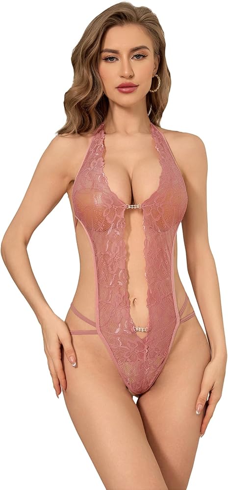 SOLY HUX Women's Lace Deep V Neck Halter Lingerie Teddy Plunging Bodysuit Babydoll