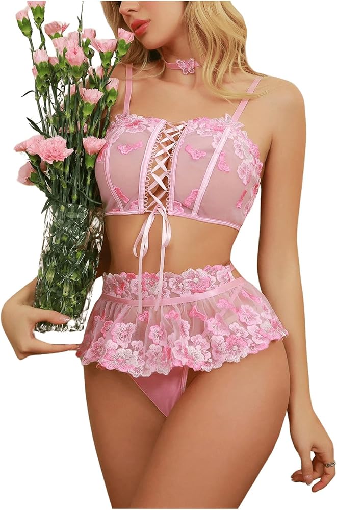 WDIRARA Women's 4 Piece Floral Embroidered Criss Cross Mesh Sheer Lingerie Set with Mini Skirts