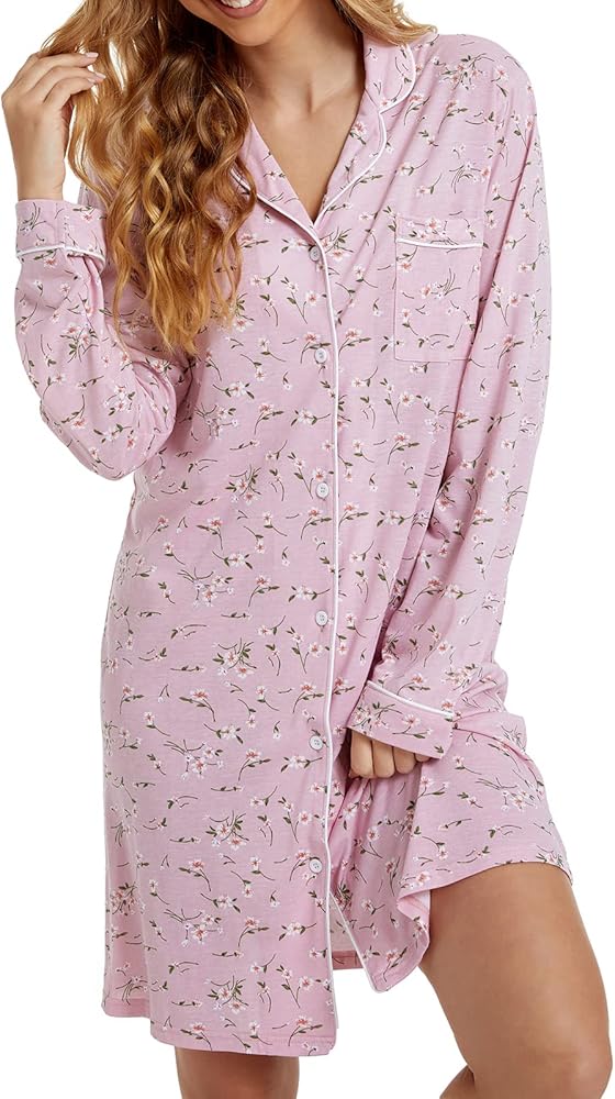 Tugege Nightgowns for Women Sleepwear V-Neck Button Down Night Shirt Long Sleeve Printed Pajamas Sleepshirts