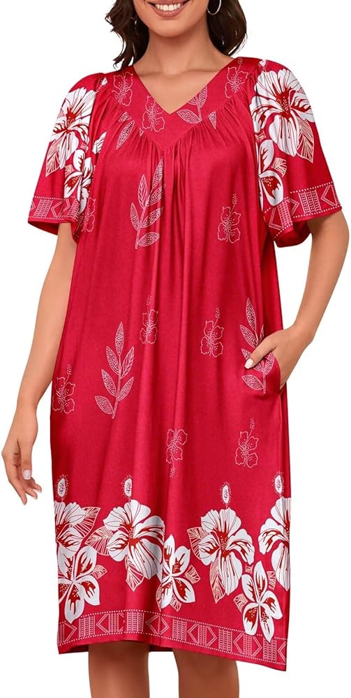 Womens House Dress with Pockets V-neck Floral Print Nightgown Moo Moos for Women S-3XL