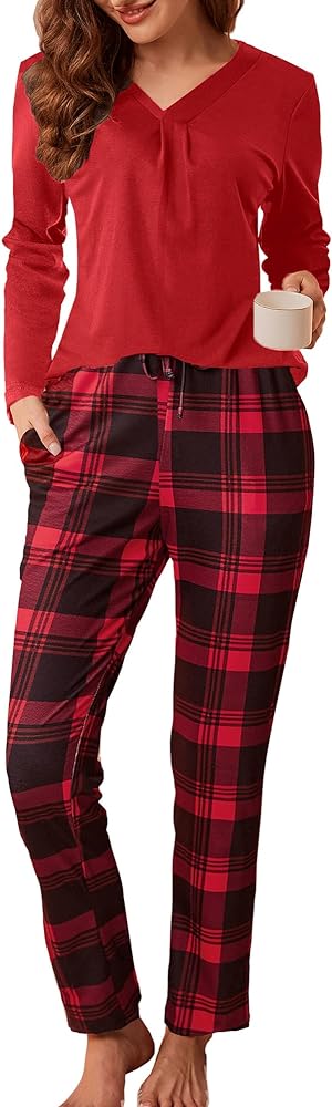 difficort Christmas Pajamas for Women Long Sleeve Pj Set Soft Sleepwear Plaid Pant with Pockets