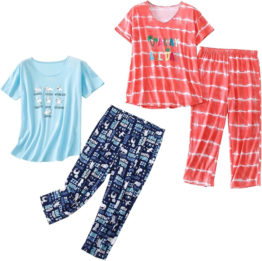 2 Pack Womens Plus Size Pajama Sets Cotton Pj Set Summer Top With Capri Pants Sleepwear Lounge Set