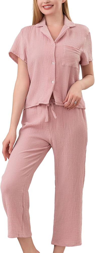 Womens Pajama Sets Cotton Gauze Sleepwear Button Down Shirt with Capri Pants Soft Pj Loungewear