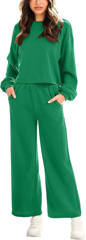 ANRABESS Women’s Two Piece Outfits Long Sleeve Crop Top Wide Leg Sweat Pants Knit Sweatsuit Fall Lounge Matching Clothes Set