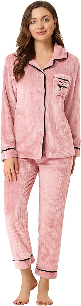 Allegra K Women's Sleepwear Flannel Button Down Lounge Winter Long Sleeves Pajama Sets