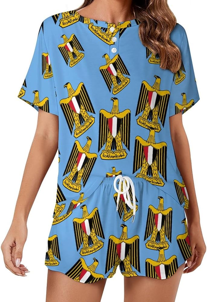 Coat of Arms of Egypt Eagle Classic Women's Pajamas Loungewear Set Loose Short Sleeve Sleepwear With Pockets