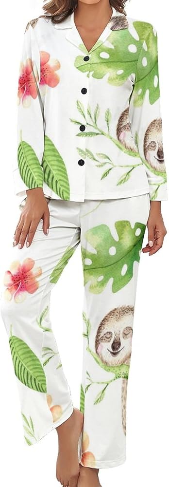 Cartoon Sloth Tree Print Pajamas Set for Women Soft Long Sleeve Button Down Shirt And Pants Sleepwear S-XL