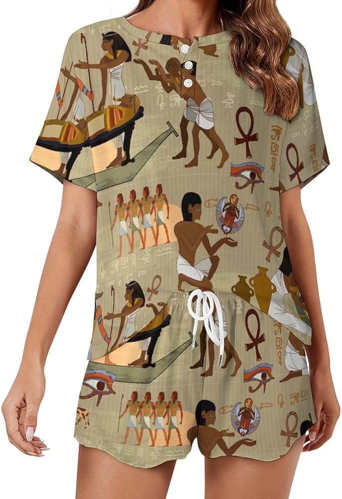 Ancient Egypt Frescoes Women's 2 Piece Pajamas Short Sleeve Shorts Sleepwear Set Causal Loungewear Home Suit 4XL