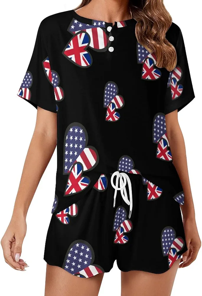 Hearts American England Flag Women’s Pajama Sets Short Sleeve Shirt and Shorts 2 Pieces Loungewear Sleepwear PJ M