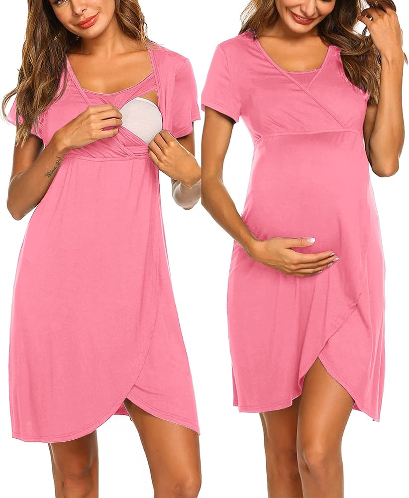 Ekouaer Nursing Nightgown 3 In 1 Maternity Nightgown Short Sleeve Nursing Gown Breasfeeding Sleepwear Delivery Dress