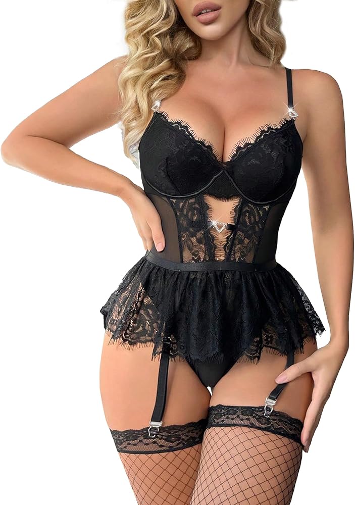 Women Lingerie Set Naughty Lace Bodysuit High Waisted Underwire Lingerie Babydoll With Garter Belt and Stockings