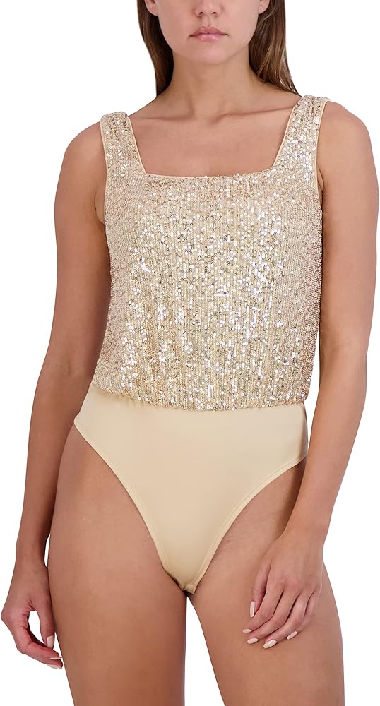 BCBGeneration womens Fitted Sequin Bodysuit Square Neck One Piece