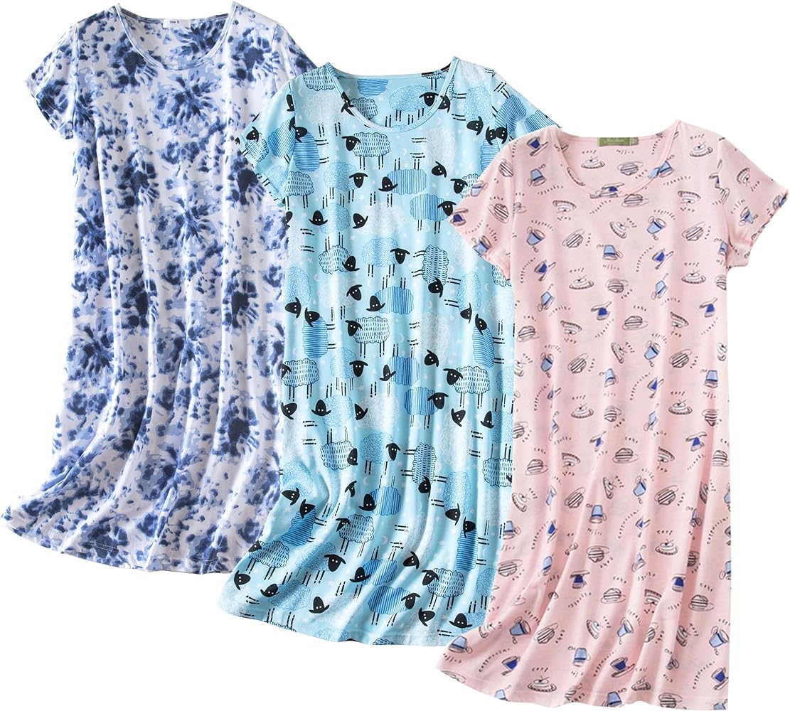 Inadays 3 Pack Women's Cotton Nightgown Sleepwear Short Sleeves Nightshirt Fun Print Sleepdress Loose Comfy Sleepshirts