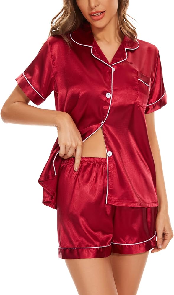 Women's Silk Pajamas Satin Pj Set Button Down Sleepwear Short Sleeve Tops and Shorts 2-Piece Loungewear