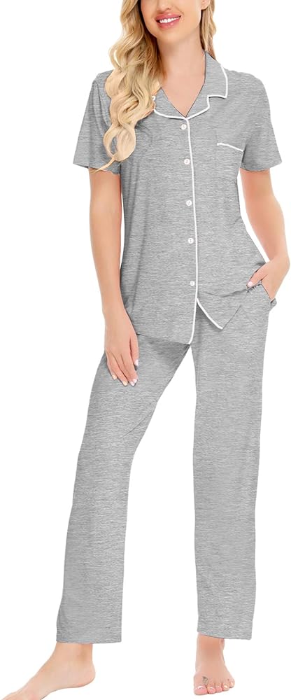 SWOMOG Women Pajama Sets Two-Piece Nightwear Short Sleeve Sleepwear Button Down Pj Lounge Sets with Long Pants