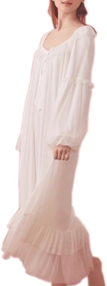 Women's Vintage Victorian Nightgown Long Sleeve Sheer Sleepwear Pajamas Nightwear Lounge Dress