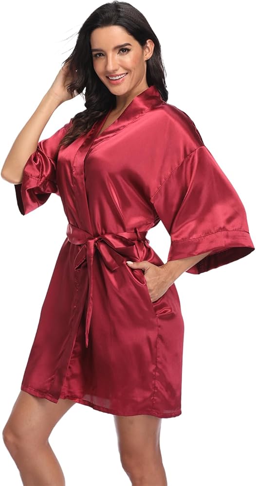 Women's Short Stain Kimono Robe Bride Bridesmaids Wedding Robe，Silky Robes Summer Sleepwear