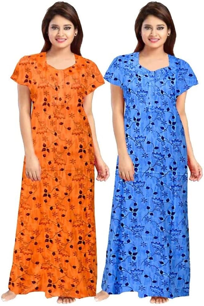 Women's 100% Cotton Printed Ankle Length Printed Maxi Night Gown Nighty Soft Fabric ,Sleepwear comfortable, PACK OF -2 nighty Multicolor