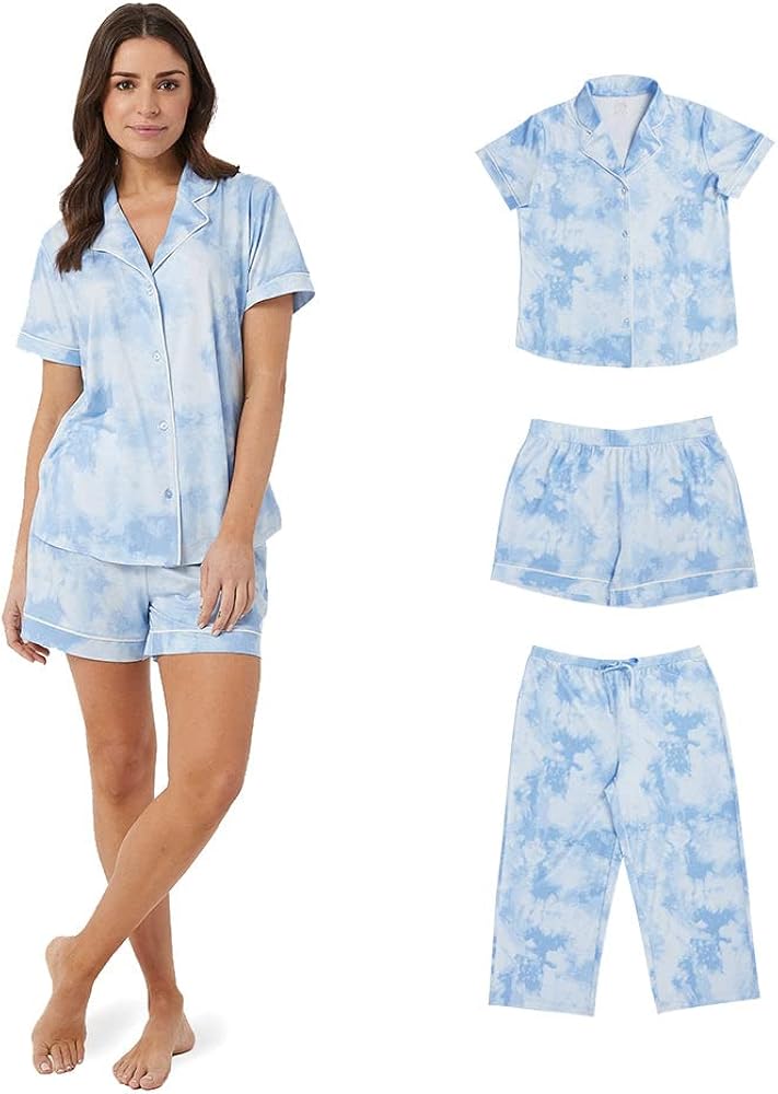 32 DEGREES Women's Cool Button Up 3 Piece Sleep Set |4-Way Stretch | Button up Top | Lounge Capri and Short