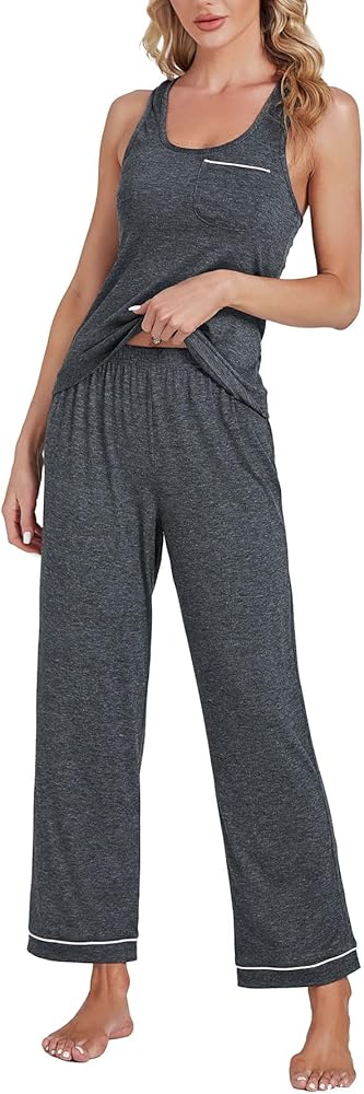 Women's Pajamas Sets Scoop Neck Sleeveless Tank Tops and Elastic Waist Long Pants Sleepwear Sets with chest pocket