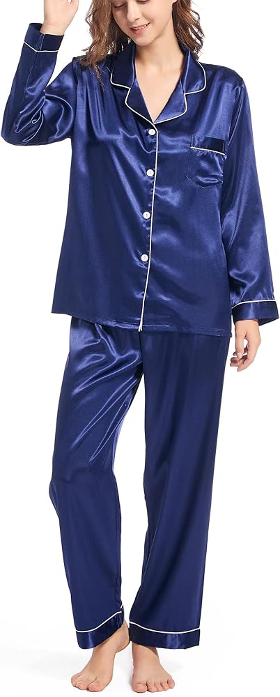 Fivali Womens Silk Satin Pajamas Long Sleeve Pj Set Two-piece Sleepwear Silky Button-down Nightwear Loungewear Sets, S-XXL