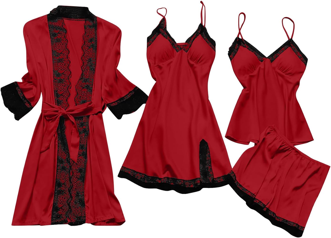 yardsong Women's Pajama Sets 4pcs Lace Trim Robes Nightgowns Cami & Shorts Lingerie Sleepwear Christmas Item