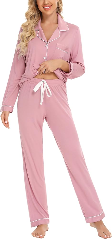 Pajama Sets for Women Soft Button Down PJS Long Sleeve Shirt Pajama Pants Sleepwear S-XXL