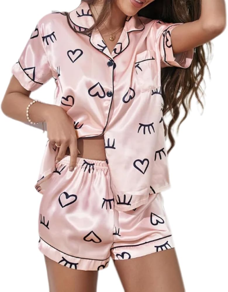 Single Ladies Eyelash Print Button Down Short Sleeve Top and Matching Shorts Casual Set 2 Pcs