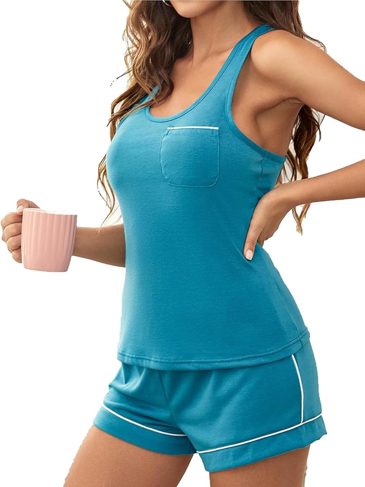 Womens Crew Neck Cami Pajama Set Solid Colour Sleeveless Racerback Tank Top Pjs Sleepwear 2 Piece