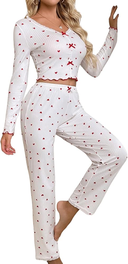 Women's 2 Piece Pajama Sets Heart Print Ribbed Button Front Long Sleeve Bow Crop Loungewear Set