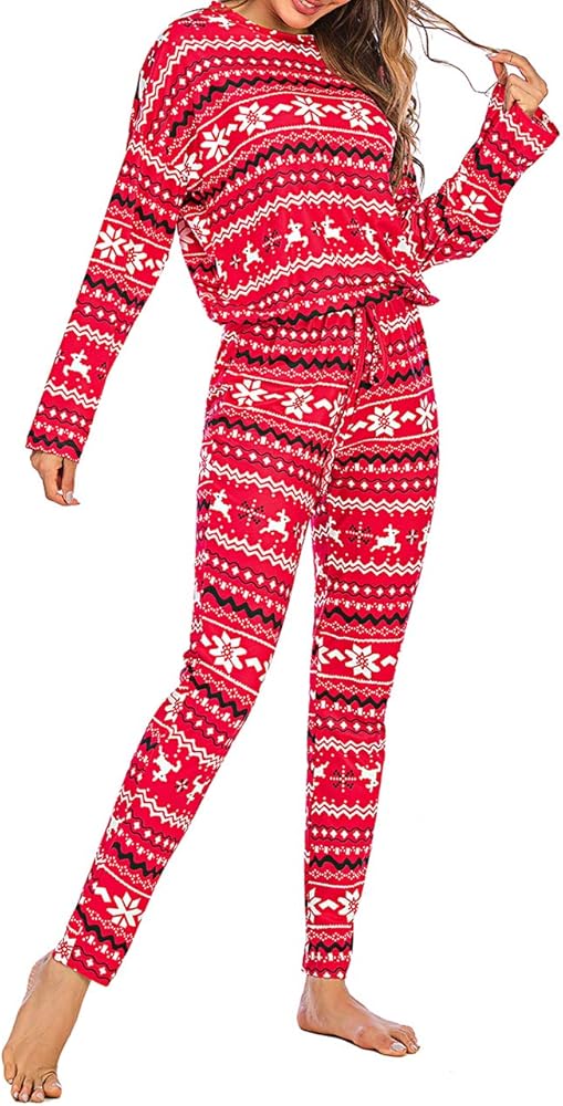 2PCS Women Christmas Pajamas Sets Nightwear Layer Thermal Underwear Set Long Sleeve Top Pant Sleepwear Home Clothes (Red, S)